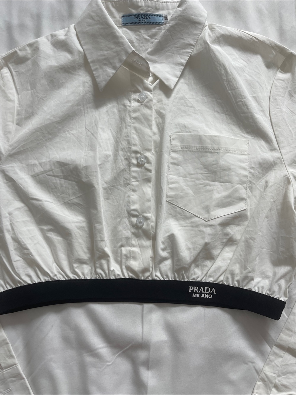 Prada White Cropped Button-Up Shirt with Logo Band - Picture 5 of 6